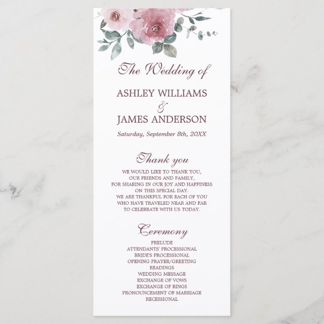 Dusty Pink Burgundy Floral Wedding Program (Front)
