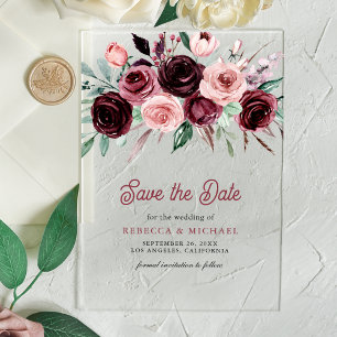 Dusty Pink Burgundy Floral Wedding Save the Date Acrylic Invitations