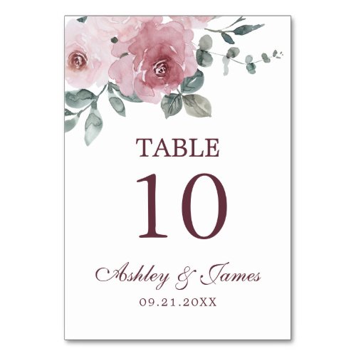 Dusty Pink Burgundy Floral Wedding Table Number
