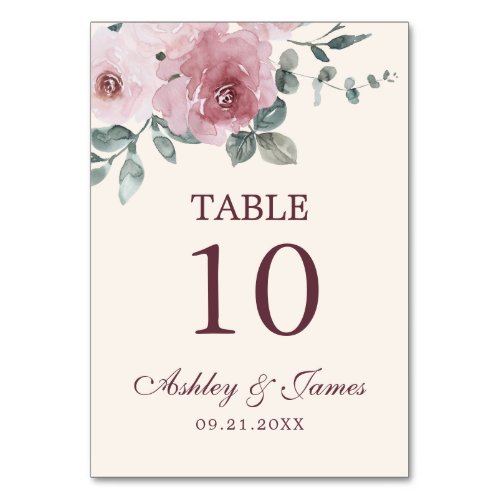 Dusty Pink Burgundy Floral Wedding Table Number