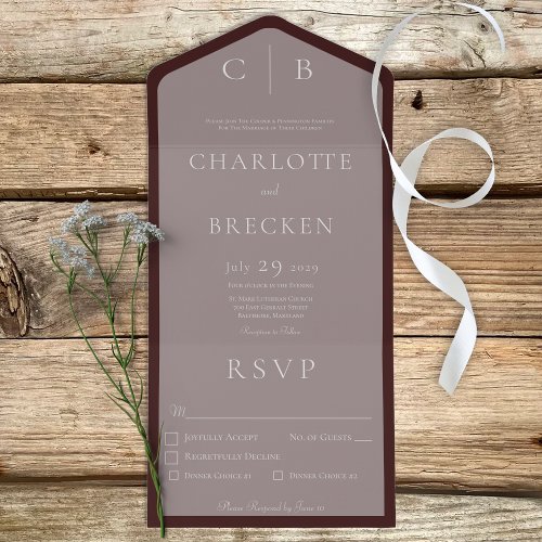 Dusty Pink  Burgundy Monogram Minimal Dinner All In One Invitation