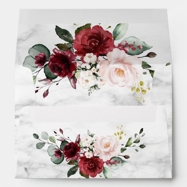 Dusty Pink Burgundy Red Floral Marble Wedding Envelope (Back (Bottom))