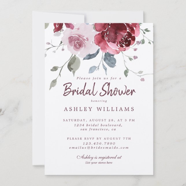 Dusty Pink Burgundy Rose Bridal Shower Invitation (Front)