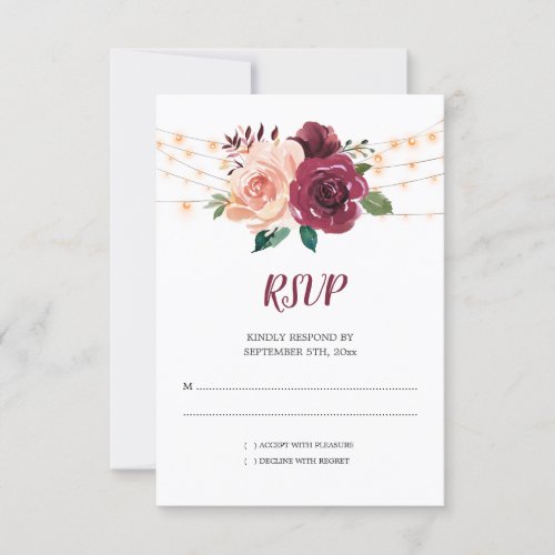 Dusty Pink Burgundy Rose Lights Floral Wedding RSVP Card