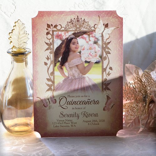 Dusty Pink Butterflies Ornate Vintage Quinceanera Invitation