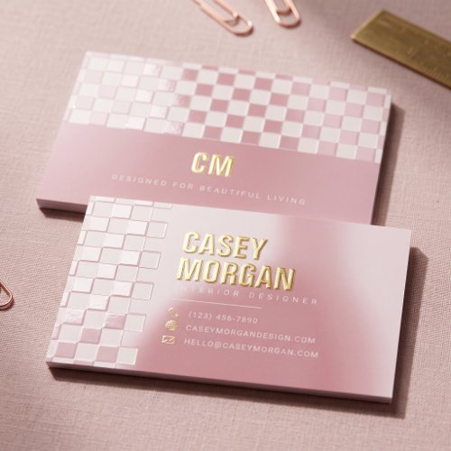 Dusty Pink Checkerboard Modern Foil Spot Gloss Business Cards