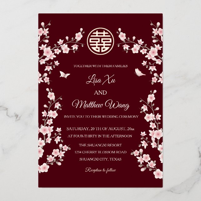  Dusty Pink Cherry Blossom Chinese Wedding Foil Invitation (Front)