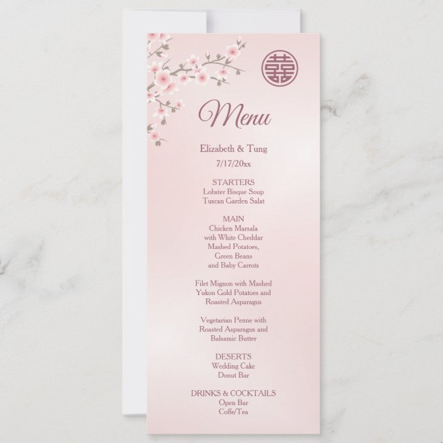 Dusty Pink Cherry Blossom Chinese Wedding Menu  Invitation (Front)