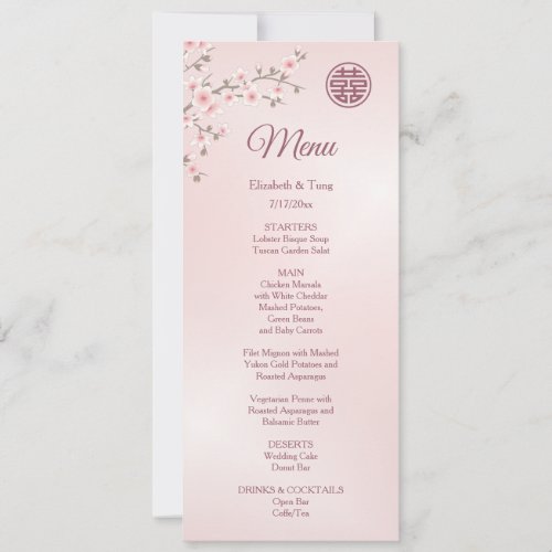 Dusty Pink Cherry Blossom Chinese Wedding Menu  Invitation