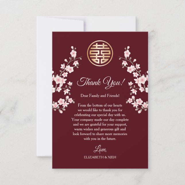  Dusty Pink Cherry Blossom  Chinese Wedding  Thank You Card (Front)