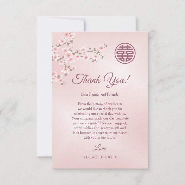  Dusty Pink Cherry Blossom Chinese Wedding  Thank You Card (Front)