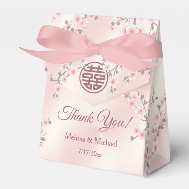 Dusty Pink Cherry Blossom Custom Chinese Wedding Favor Boxes (Front Side)