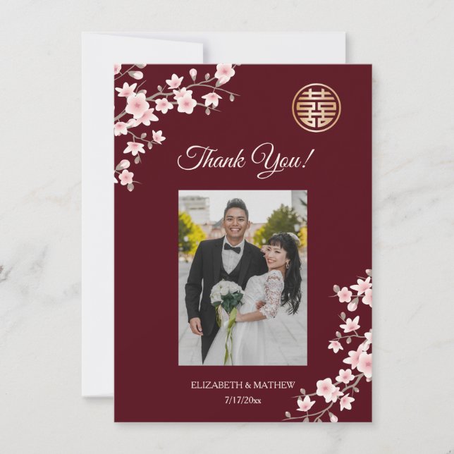 Dusty Pink Cherry Blossom Wedding Thank You Card (Front)