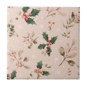 Dusty Pink Christmas Holly Botanical Snowflake Ceramic Tile