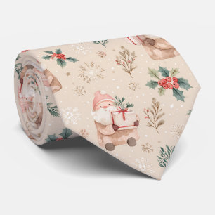 Dusty Pink Christmas Santa Botanical Watercolor Neck Tie