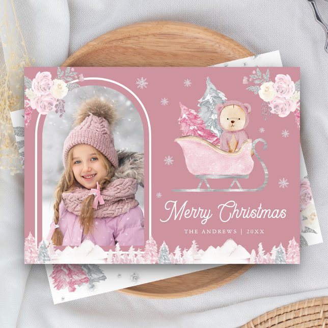 Dusty Pink Christmas Tree Cute Teddy Arch Photo Holiday Card (Creator Uploaded)