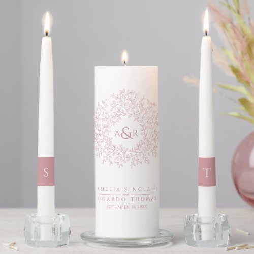 Dusty pink circle of leaves monogram art wedding unity candle set