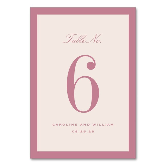 Dusty Pink Classic Elegance Wedding Table Number (Front)