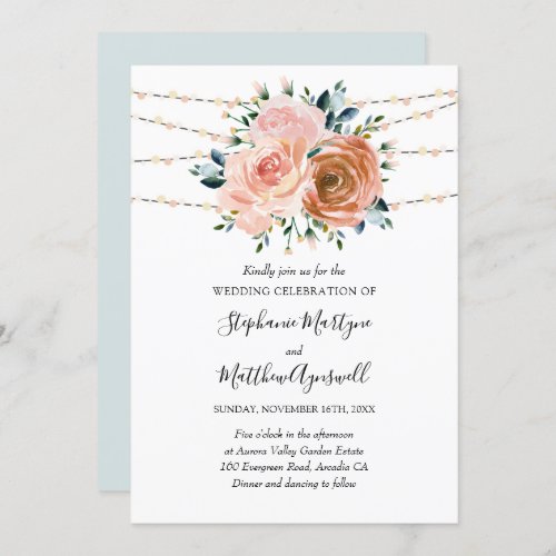 Dusty Pink Coral Blue Botanical Lights Wedding Invitation