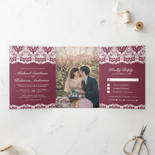 Dusty Pink Country White Lace All in One Wedding Tri_Fold Invitation