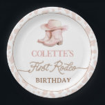 Dusty Pink Cowgirl Boots First Rodeo 1st Birthday  Paper Plates<br><div class="desc">Dusty Pink Cowgirl Boots First Rodeo 1st Birthday Paper Plate

Simple but sweet girls first rodeo birthday party paper plate featuring some dusty pink cowgirl boots,  hat and cow print pattern.  This girl first rodeo birthday paper plate also features a rope style heading that is part of the image.</div>