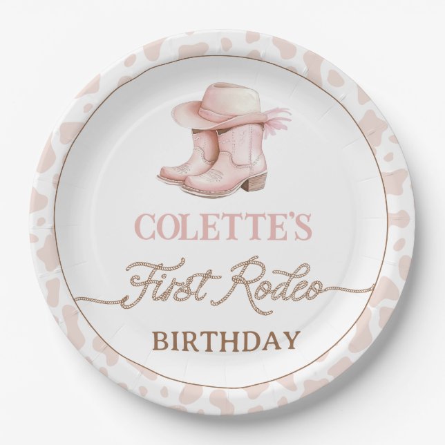 Dusty Pink Cowgirl Boots First Rodeo 1st Birthday  Paper Plates (Front)