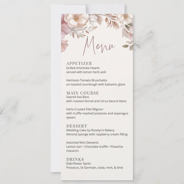 Dusty Pink Cream Magnolia Floral Wedding Menu Card (Front)