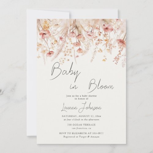 Dusty Pink Cream Wildflowers Poppies Baby Shower Invitation