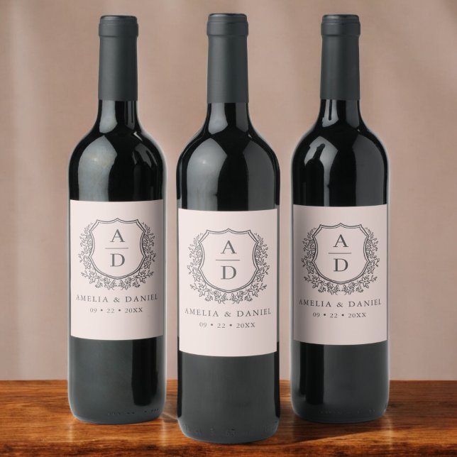 Dusty Pink Crest Modern Monogram Wedding  Wine Label (Creator Uploaded)