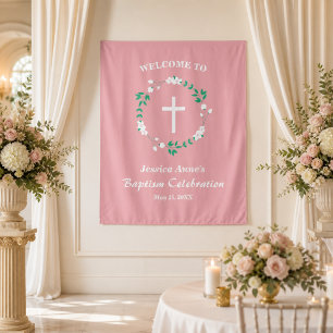 Dusty Pink Cross Floral Crest Baptism Backdrop