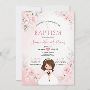 Dusty Pink Cross Floral Girl Praying Holy Baptism Invitation