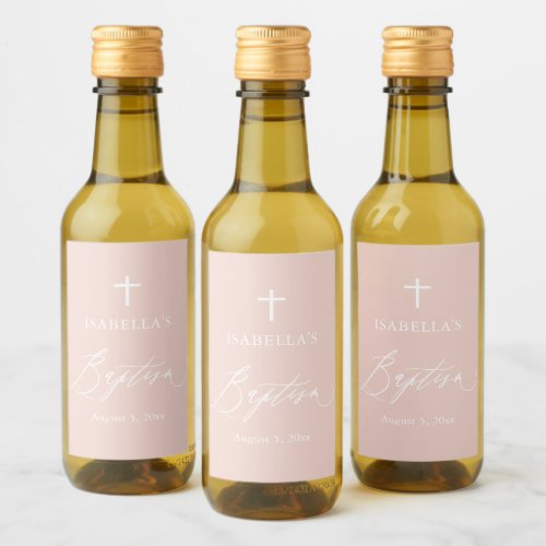 Dusty Pink Cross Girl Baptism Mini Wine Label