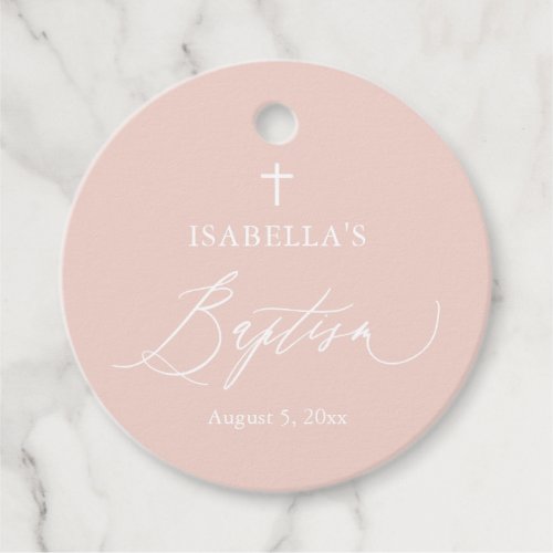 Dusty Pink Cross Girl Baptism Round Favor Tags