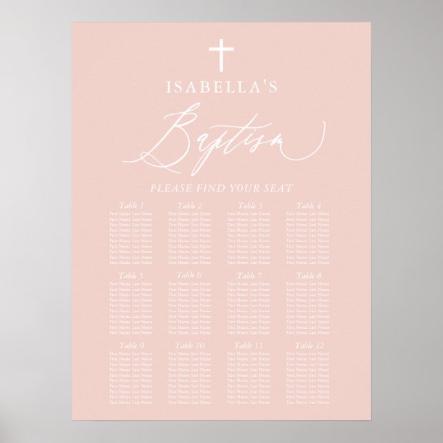 Dusty Pink Cross Girl Baptism Seating Chart Sign (Front)