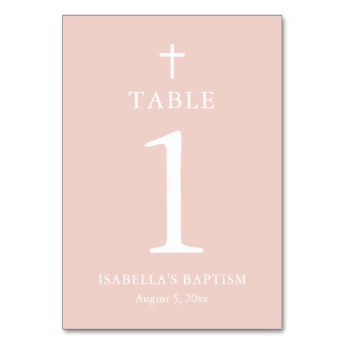Dusty Pink Cross Girl Baptism Table Number Card