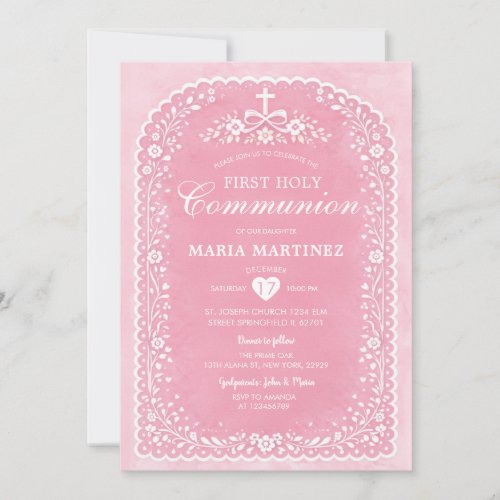 Dusty Pink Cross Papel Picado First Holy Communion Invitation
