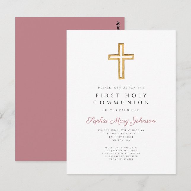 Dusty Pink Cross Religious Boy First Communion Postcard (Front/Back)