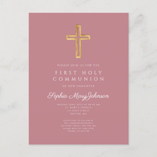 Dusty Pink Cross Religious Boy First Communion Postcard