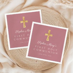 Dusty Pink Cross Religious Girl First Communion Napkins