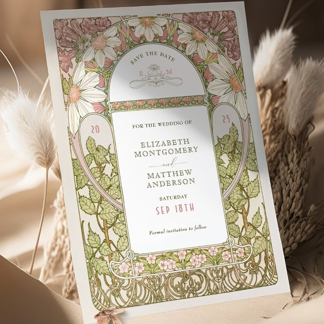 Dusty Pink Daisies Save Date Art Nouveau Mucha Invitation (Creator Uploaded)