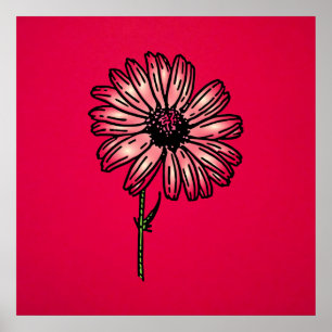 Dusty pink daisy on red crimson background vintage poster