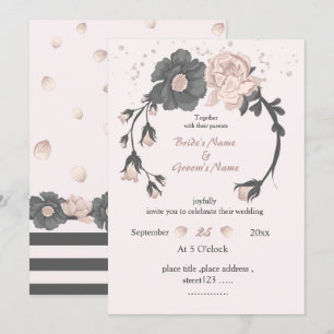 dusty pink dark gray floral wreath wedding invitation