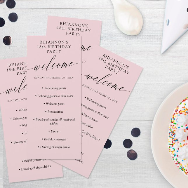 Dusty Pink Delicate Calligraphy Birthday Party Program (Creator Uploaded)