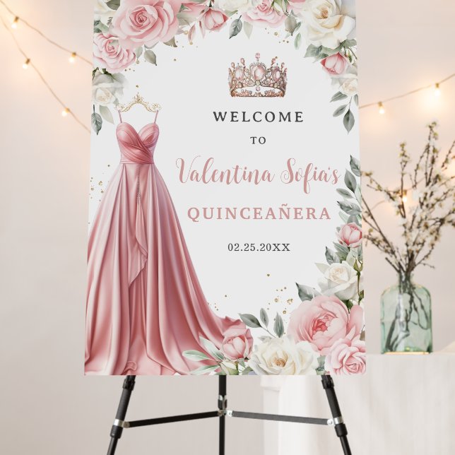 Dusty Pink Dress Gown Floral Quinceañera Welcome Foam Board (In Situ (Stand))