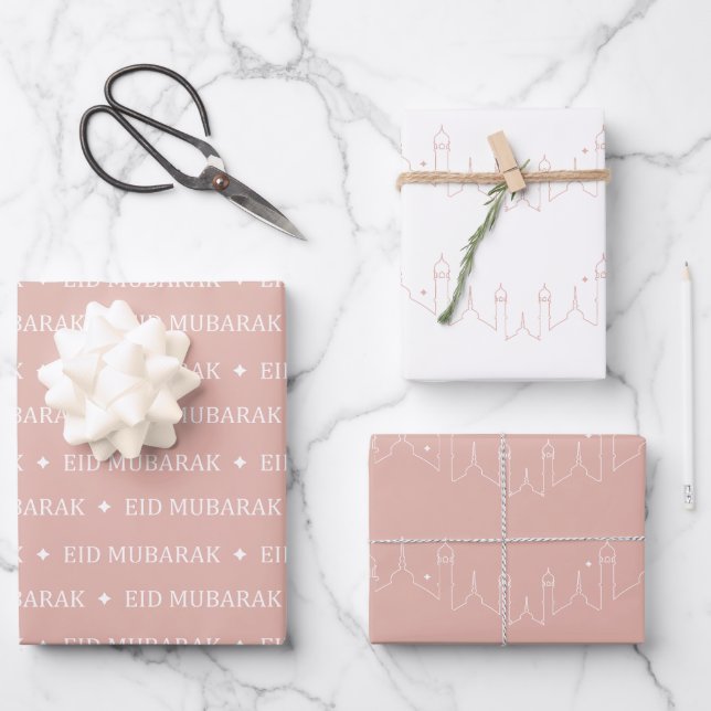 Dusty Pink Eid Mubarak Masjid Pattern Design Wrapping Paper Sheets (Front)