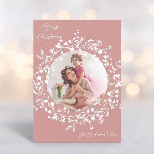 Dusty Pink Elegant Boho Wildflower Christmas  Holiday Card