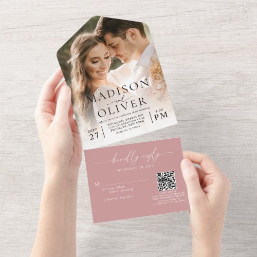 Dusty Pink Elegant Classic QR Code Photo Wedding All In One Invitation