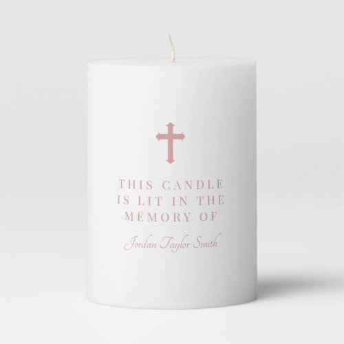 Dusty Pink Elegant Cross Lit In the Memory Of Name Pillar Candle