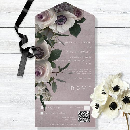 Dusty Pink Elegant Floral Modern QR Code All In One Invitation