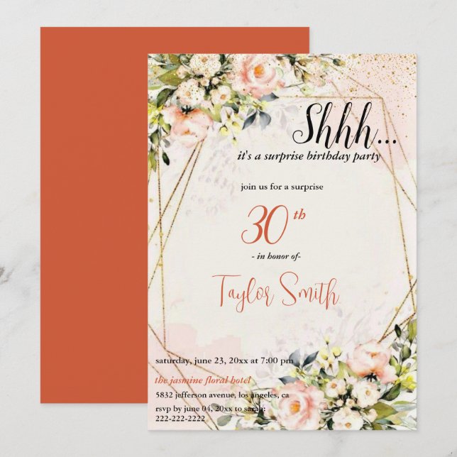 dusty pink  elegant Floral Surprise Party Invite (Front/Back)